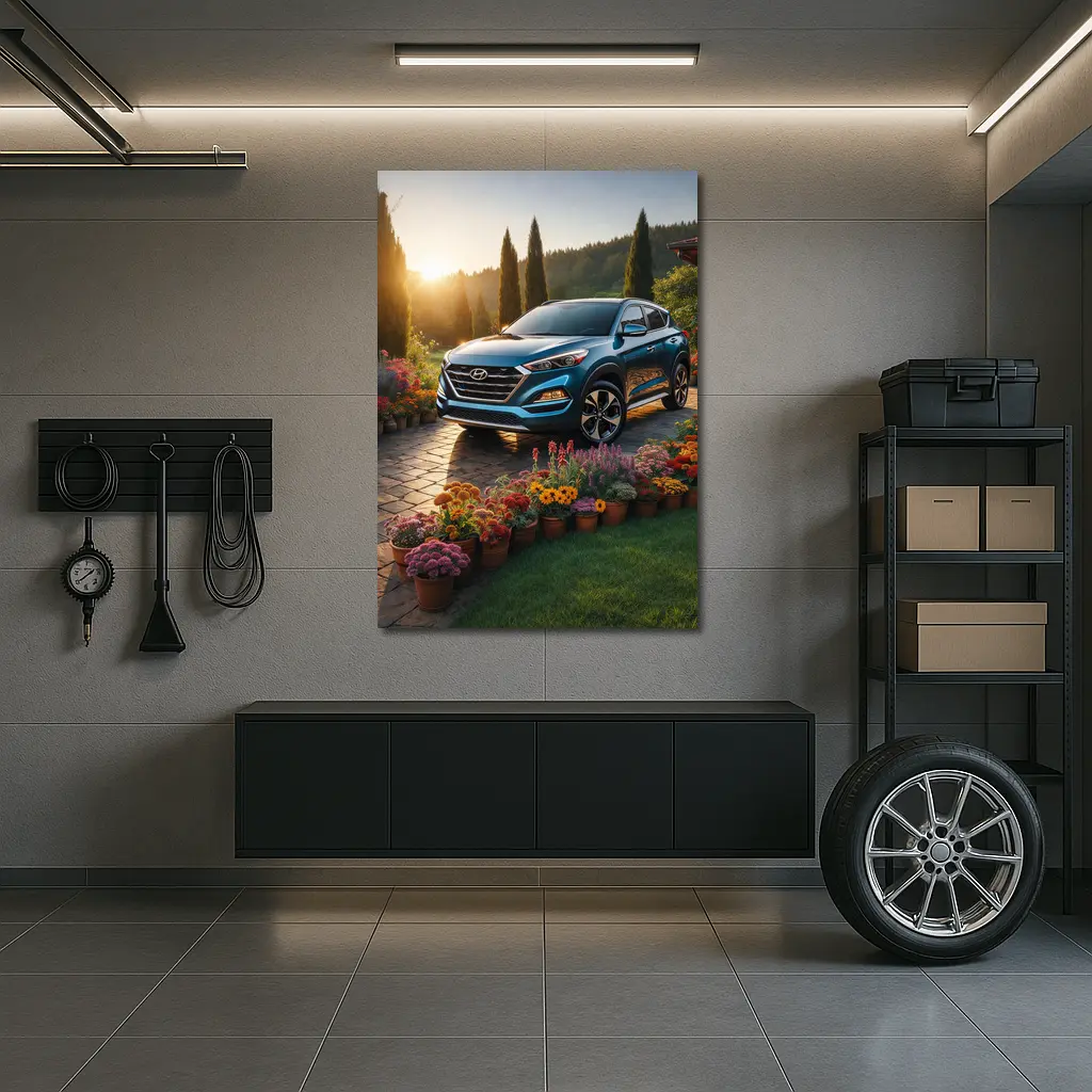 Hyundai Tucson Blue SUV Garden Sunset – Wall Art