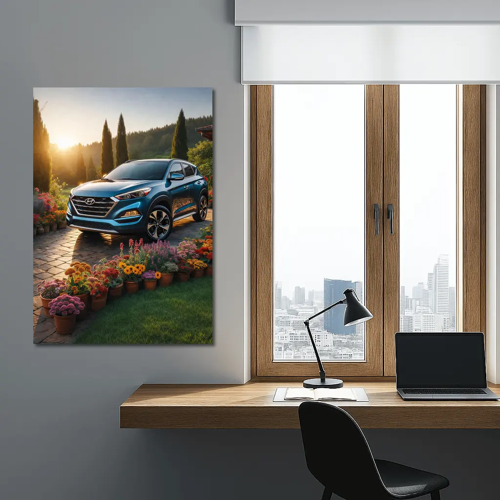 Hyundai Tucson Blue SUV Garden Sunset – Wall Art