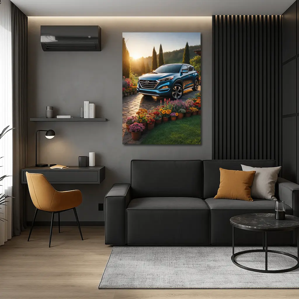 Hyundai Tucson Blue SUV Garden Sunset – Wall Art