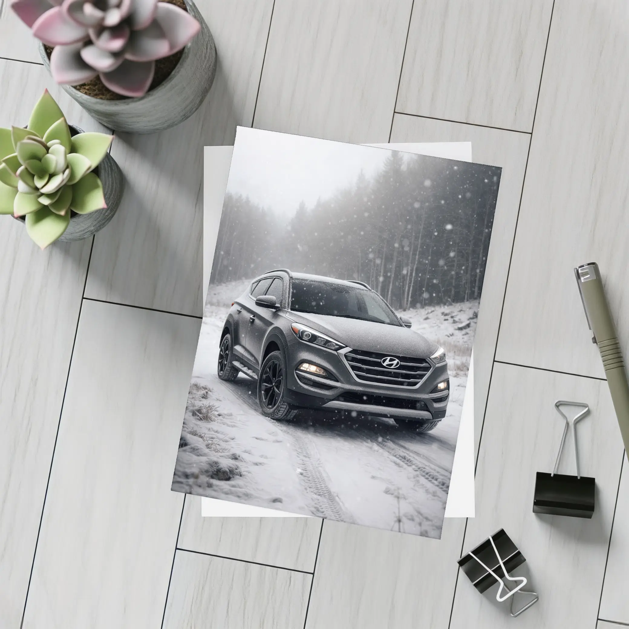 Hyundai Tucson SUV Snowy Winter Forest Road – Postcards