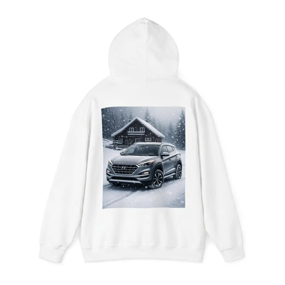 Hyundai Tucson SUV Snowy Winter Cabin Scene – Hoodies