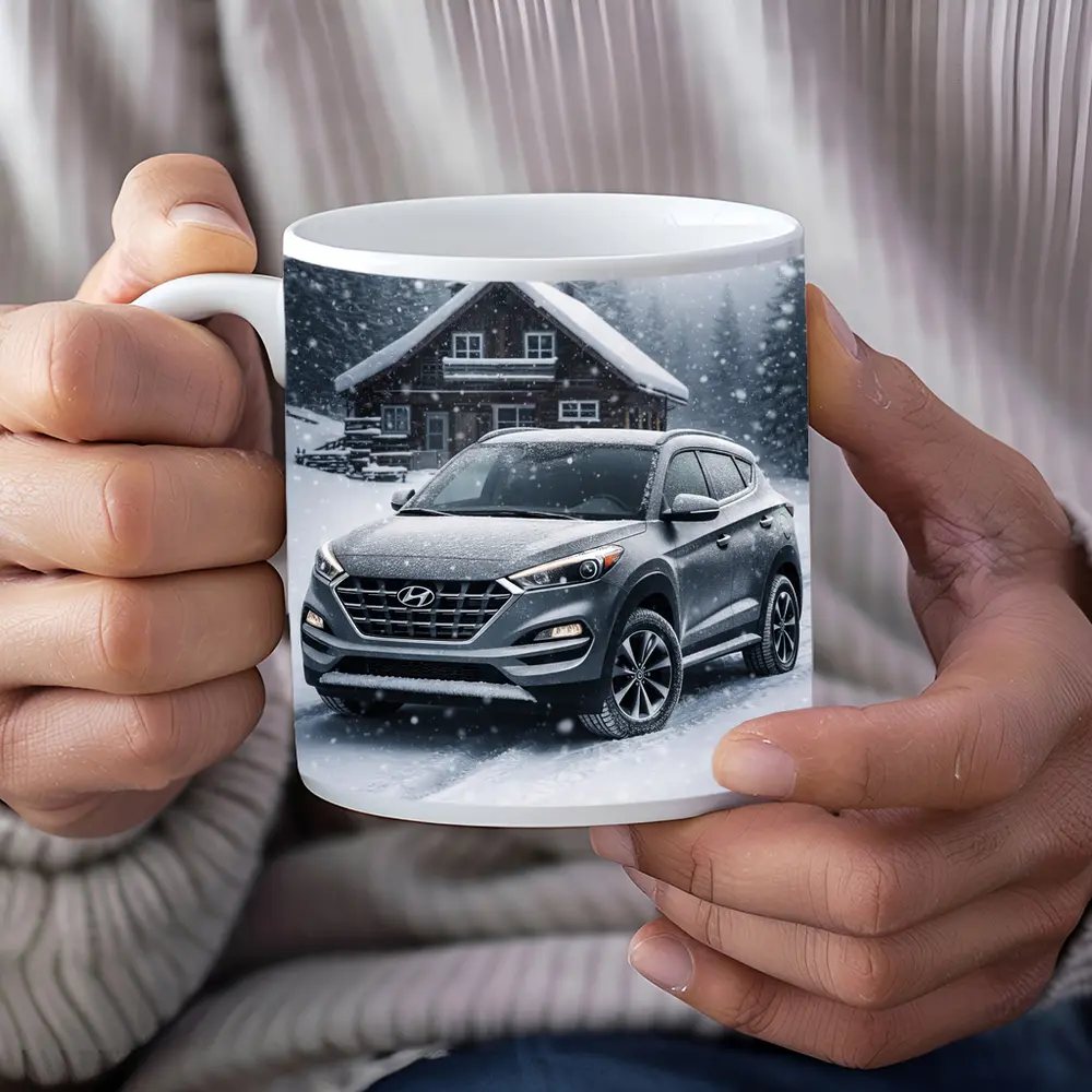 Hyundai Tucson SUV Snowy Winter Cabin Scene – Mugs