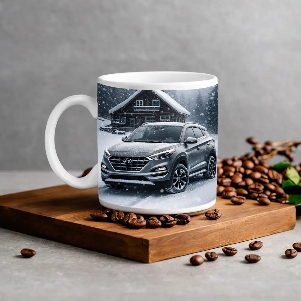 Hyundai Tucson SUV Snowy Winter Cabin Scene – Mugs