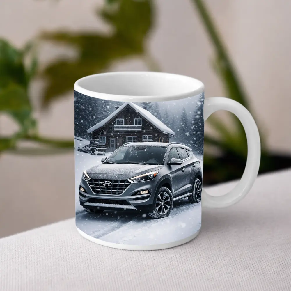 Hyundai Tucson SUV Snowy Winter Cabin Scene – Mugs