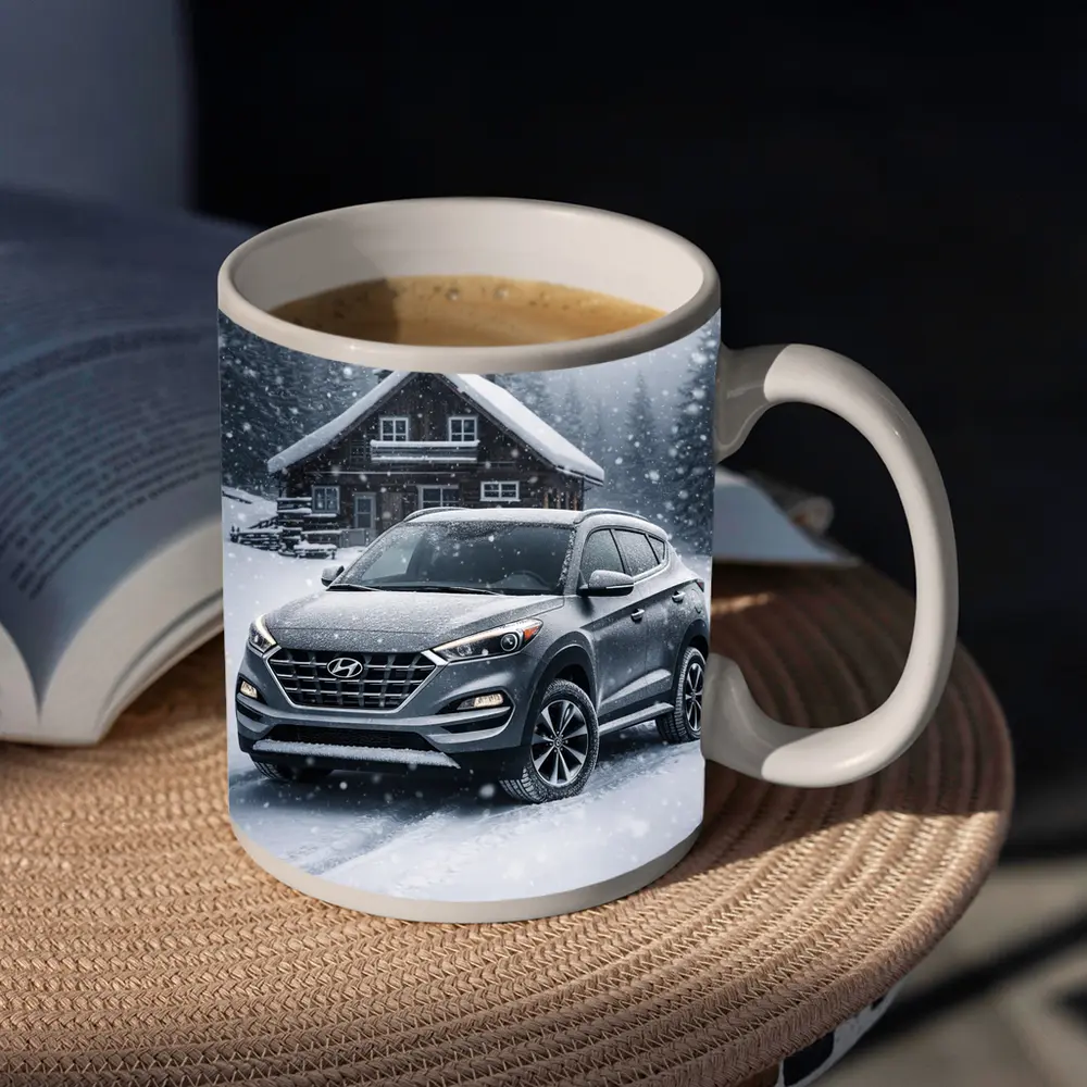 Hyundai Tucson SUV Snowy Winter Cabin Scene – Mugs