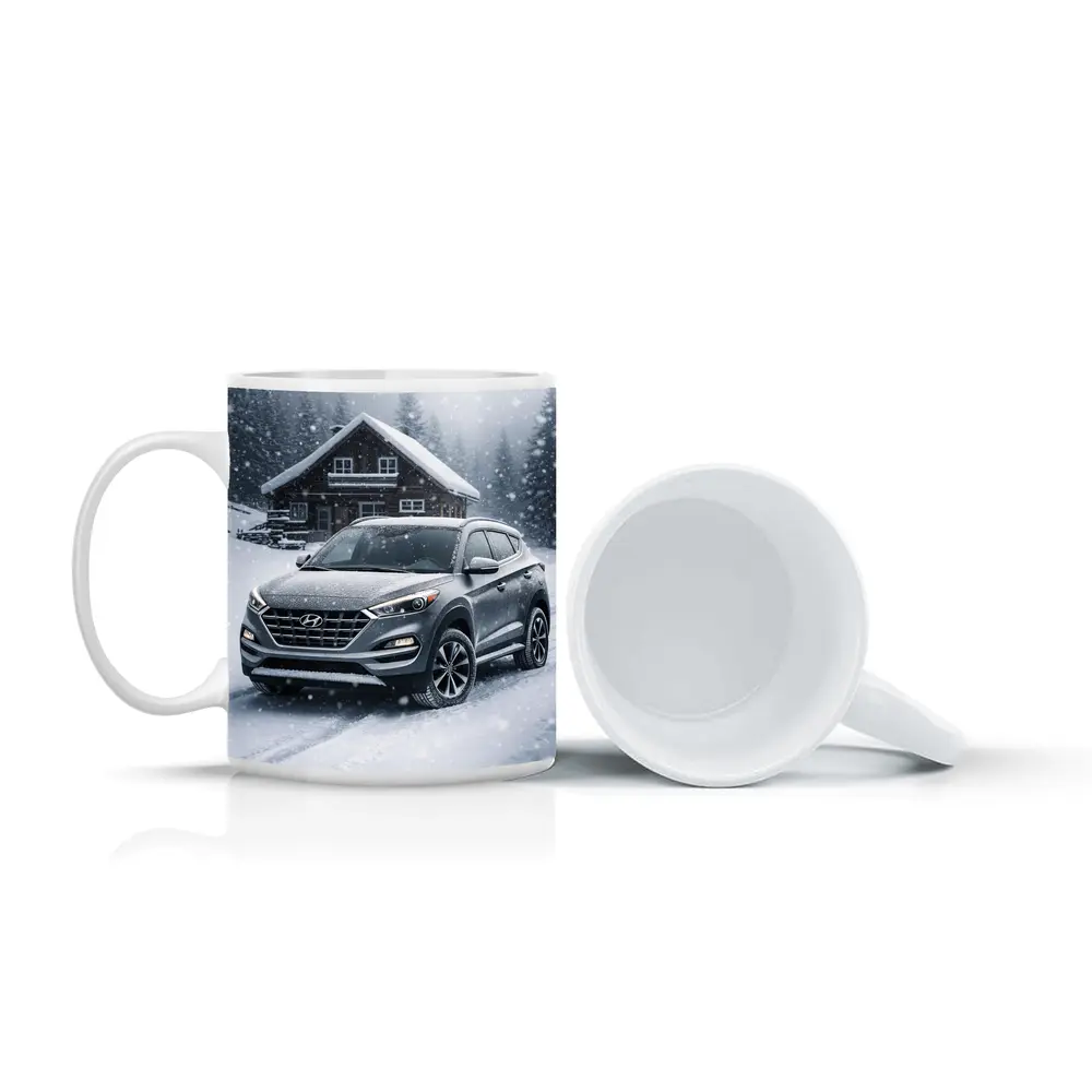Hyundai Tucson SUV Snowy Winter Cabin Scene – Mugs