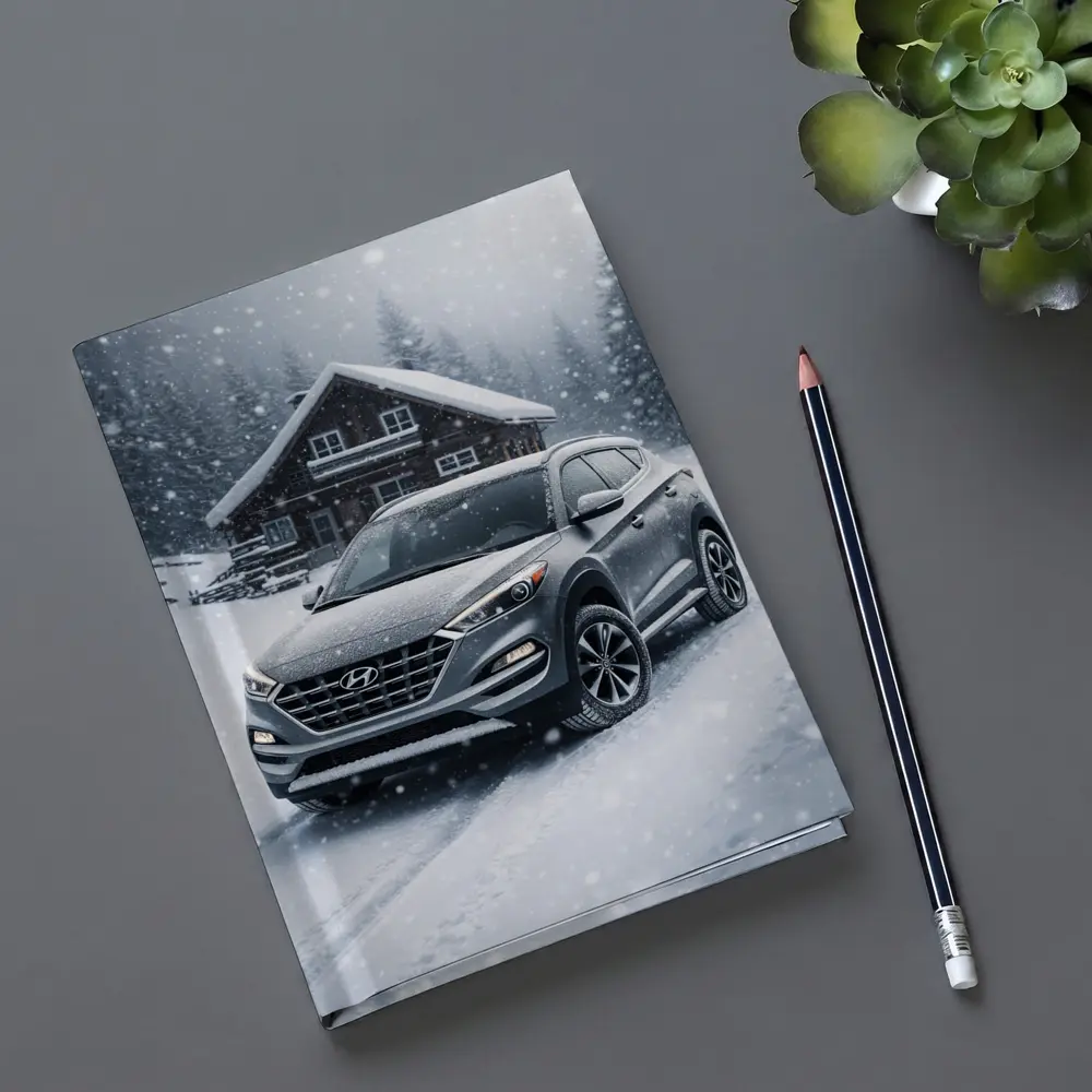 Hyundai Tucson SUV Snowy Winter Cabin Scene – Notebooks