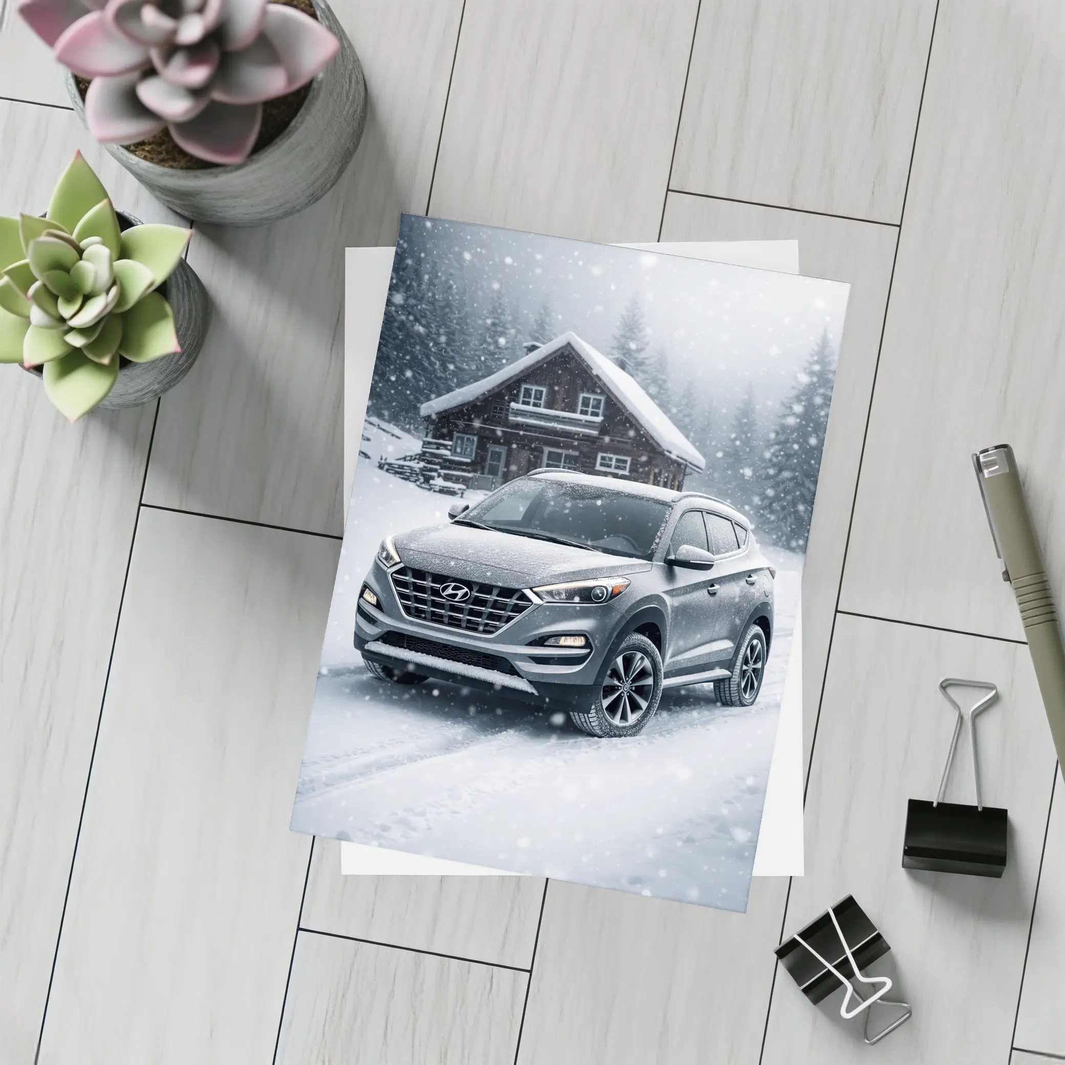 Hyundai Tucson SUV Snowy Winter Cabin Scene – Postcards