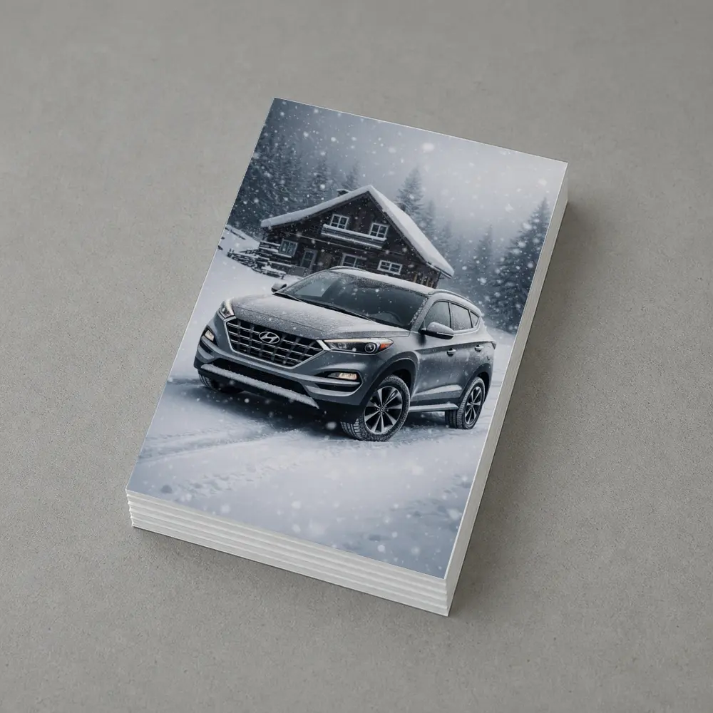 Hyundai Tucson SUV Snowy Winter Cabin Scene – Postcards