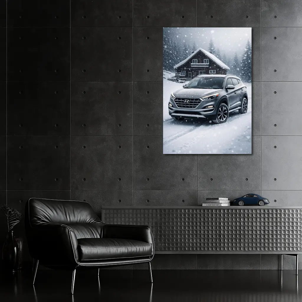 Hyundai Tucson SUV Snowy Winter Cabin Scene – Wall Art