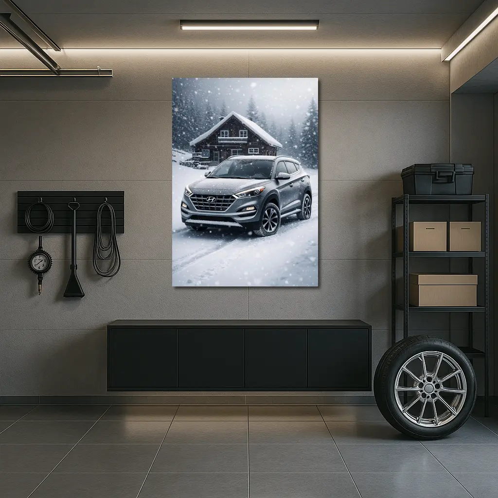 Hyundai Tucson SUV Snowy Winter Cabin Scene – Wall Art