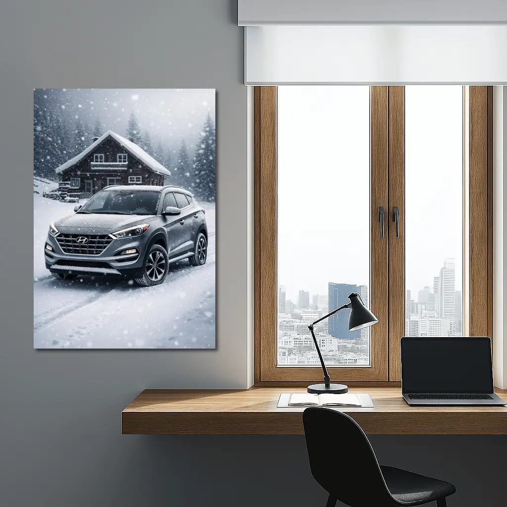 Hyundai Tucson SUV Snowy Winter Cabin Scene – Wall Art