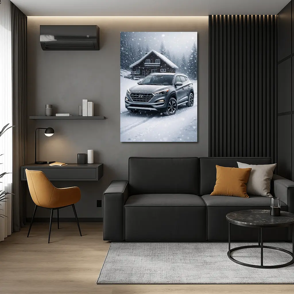 Hyundai Tucson SUV Snowy Winter Cabin Scene – Wall Art