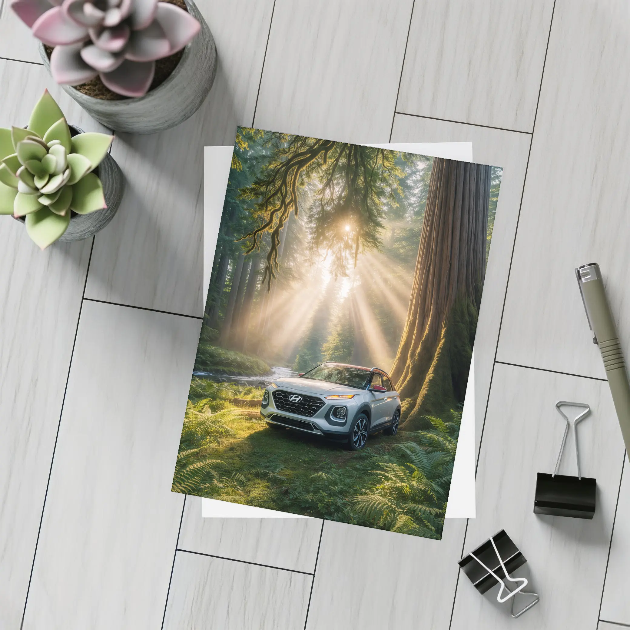Hyundai Venue SUV in Sunlit Forest – Postcards