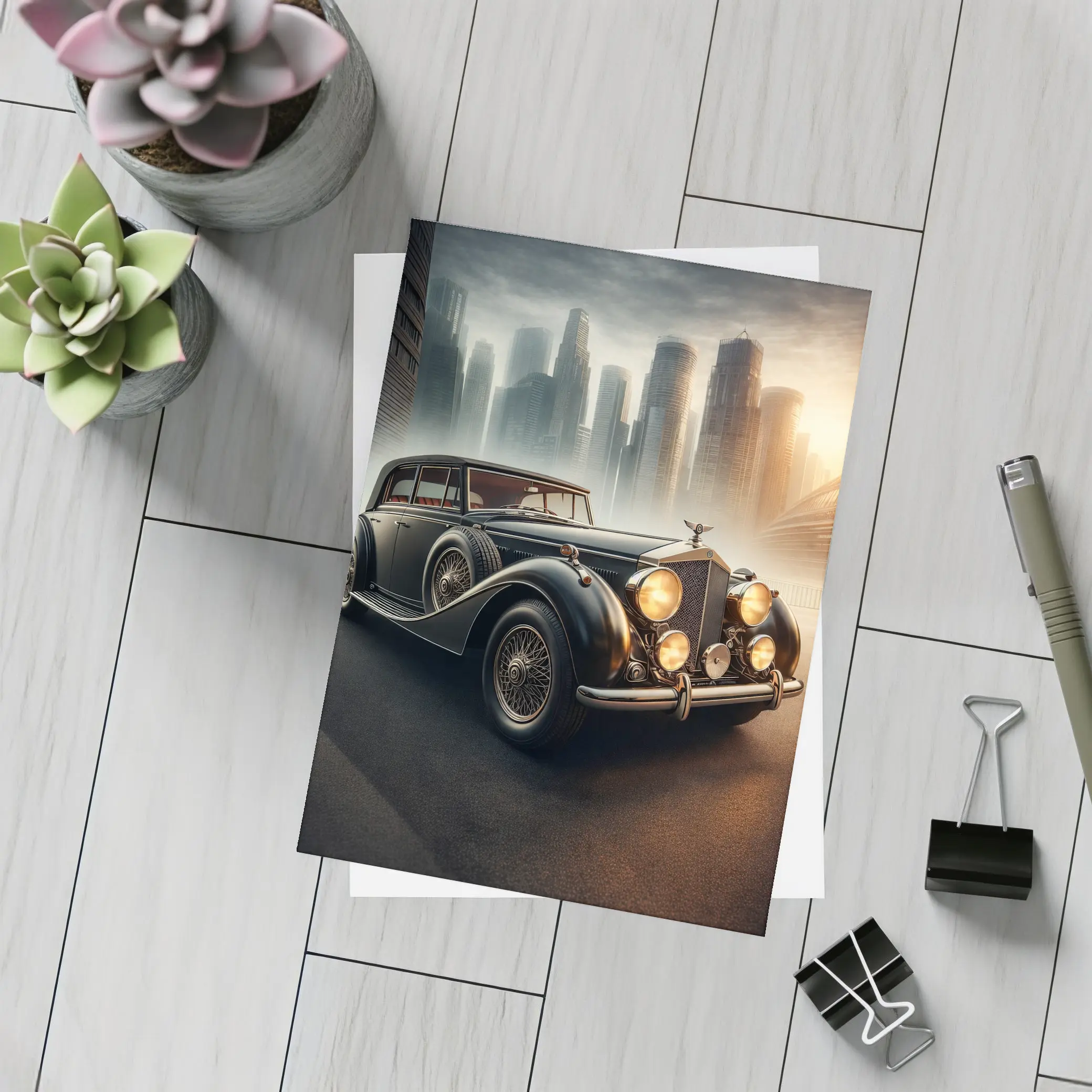 Bentley Classic Car Dark City Skyline – Postcards