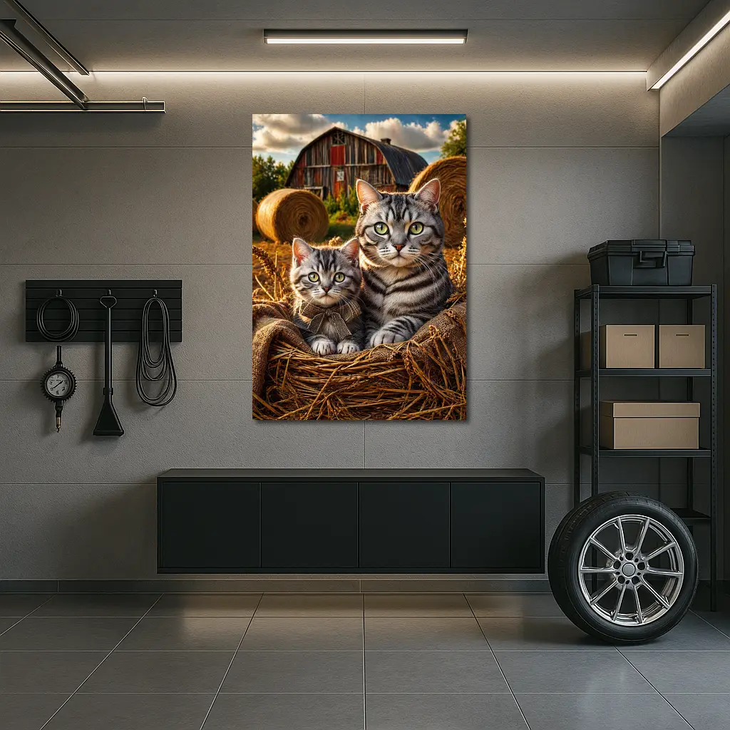 Tabby Cats Sitting In Farm Barn – Wall Art