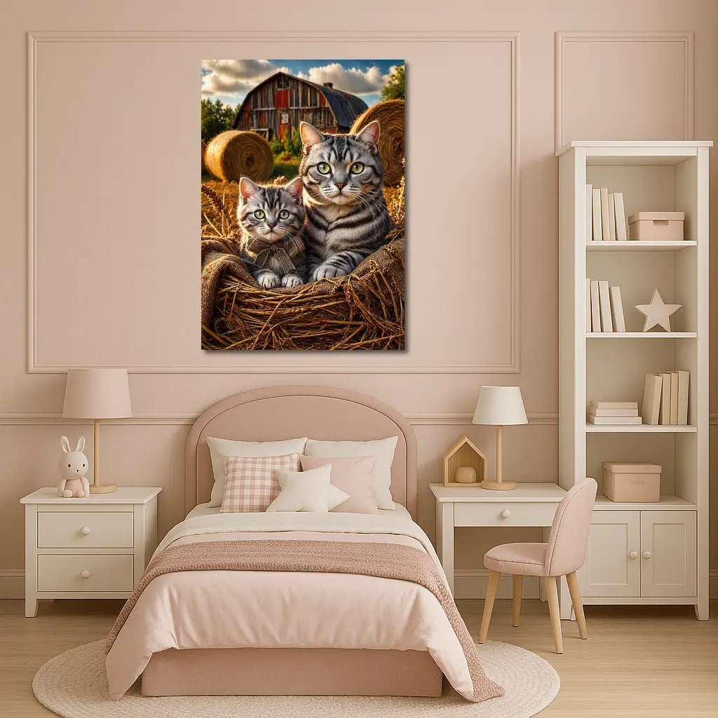 Tabby Cats Sitting In Farm Barn – Wall Art