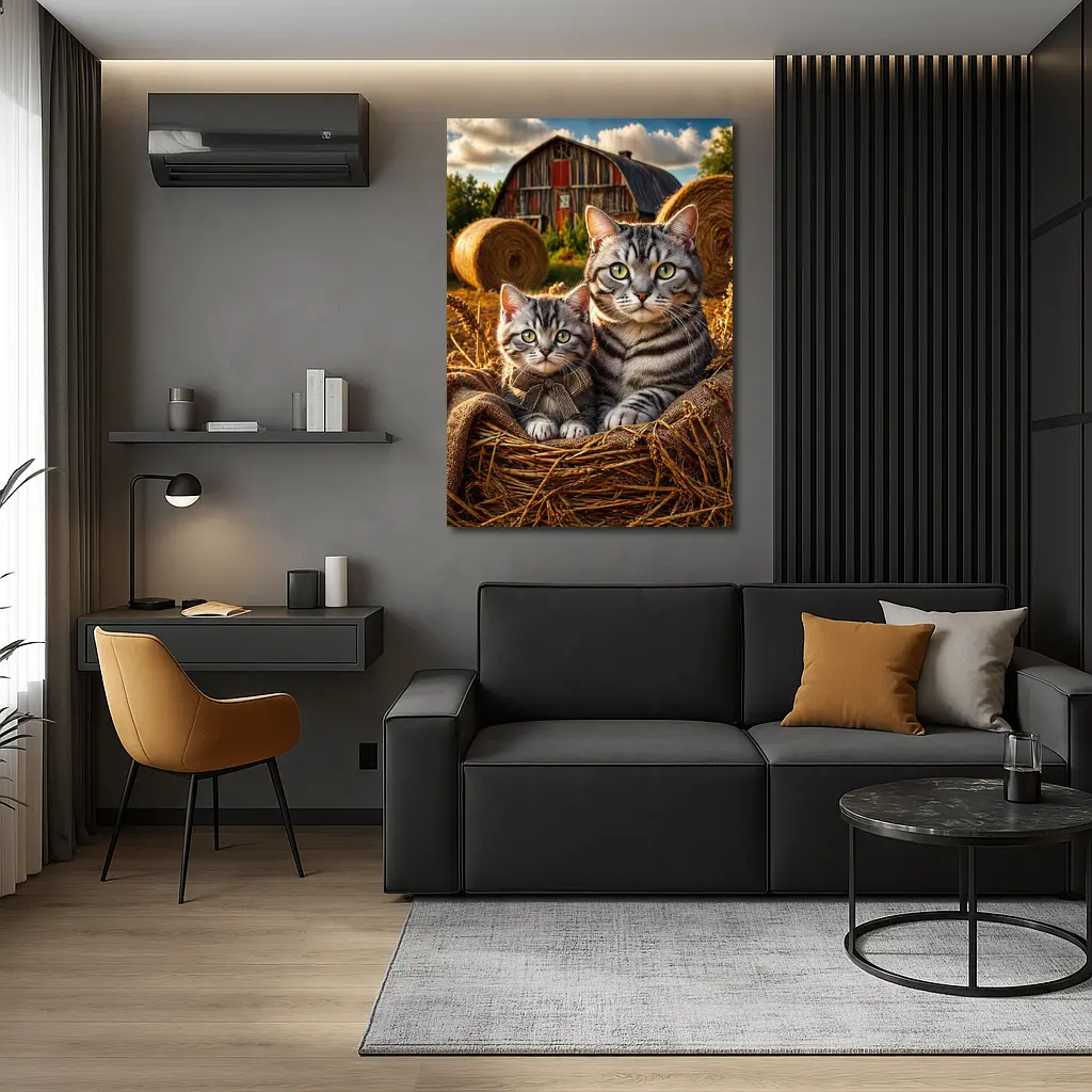 Tabby Cats Sitting In Farm Barn – Wall Art