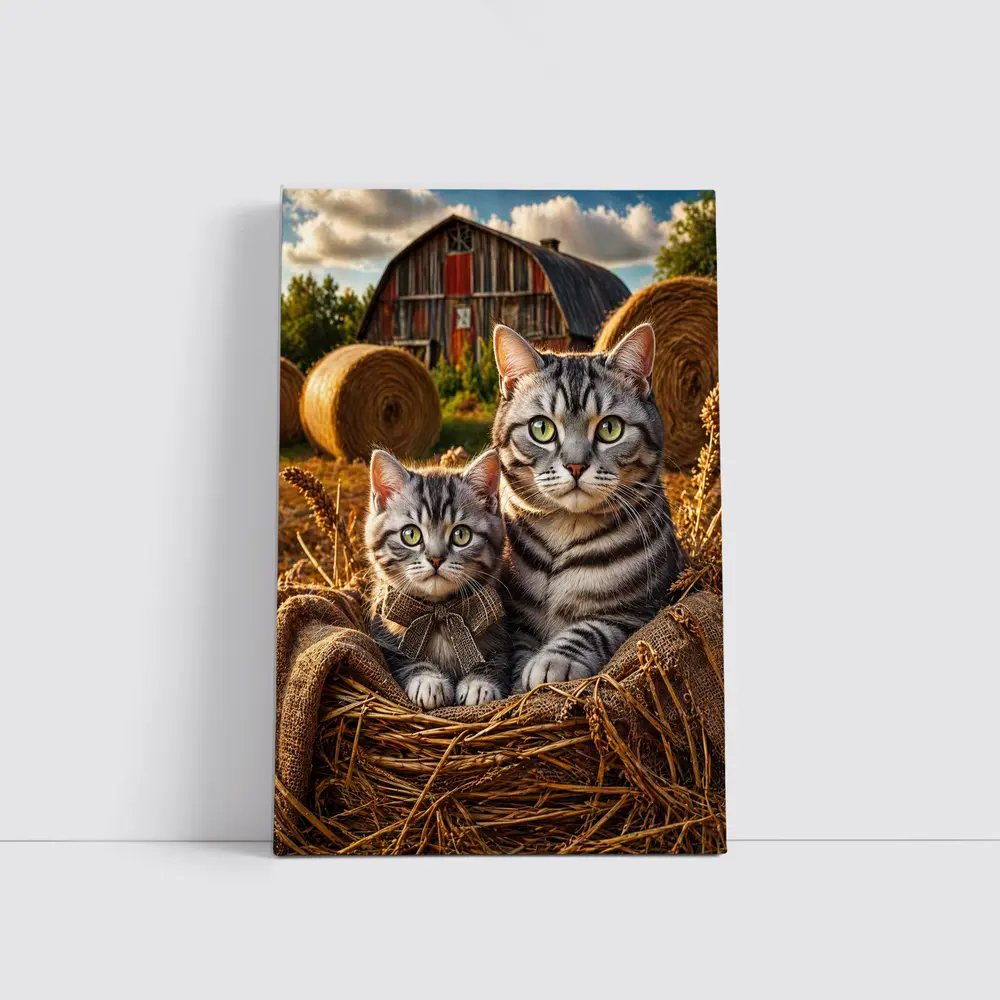 Tabby Cats Sitting In Farm Barn – Wall Art