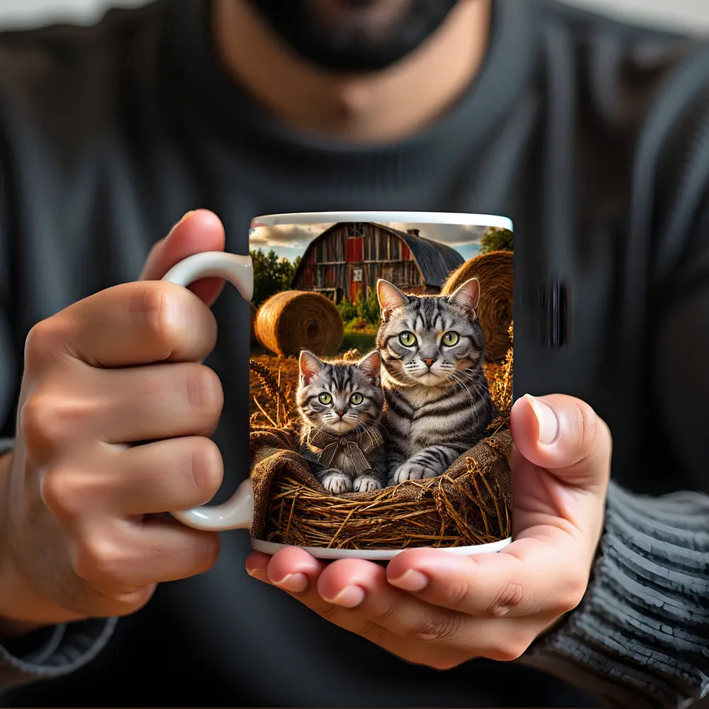 Tabby Cats Sitting In Farm Barn – Mugs