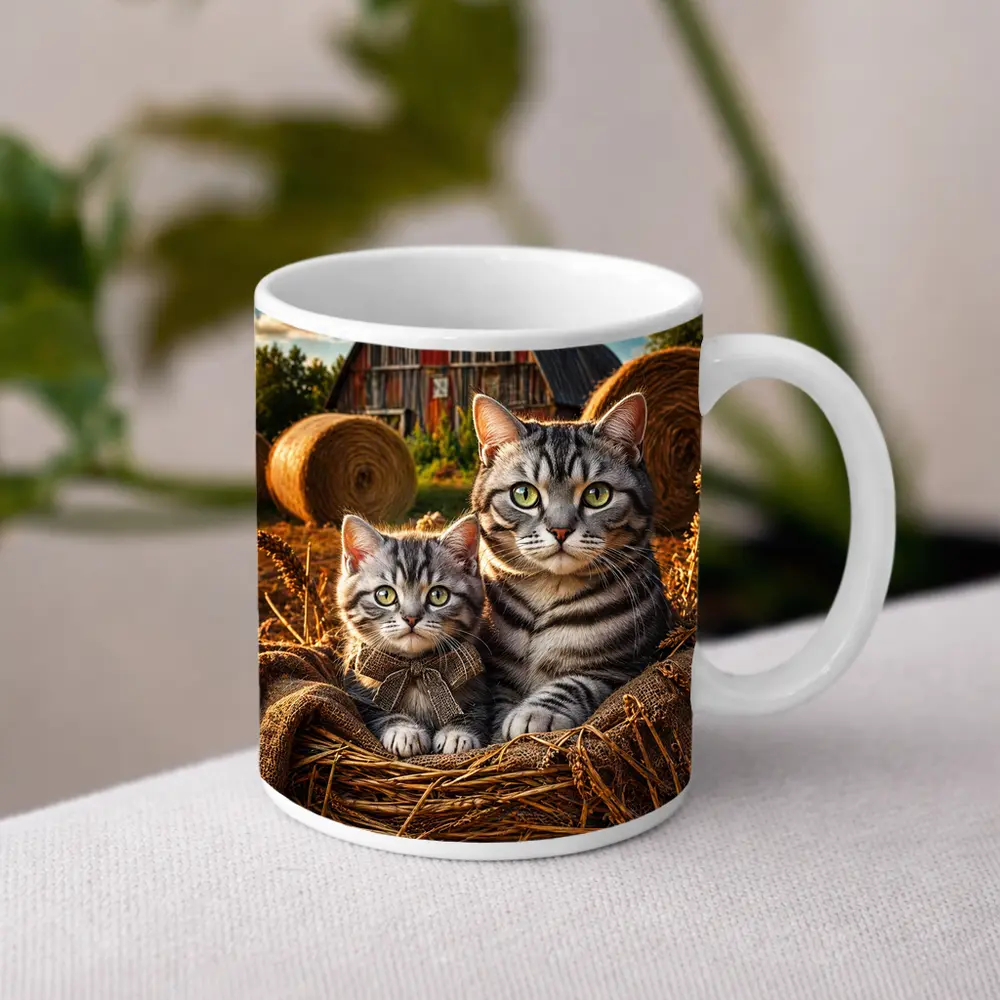 Tabby Cats Sitting In Farm Barn – Mugs