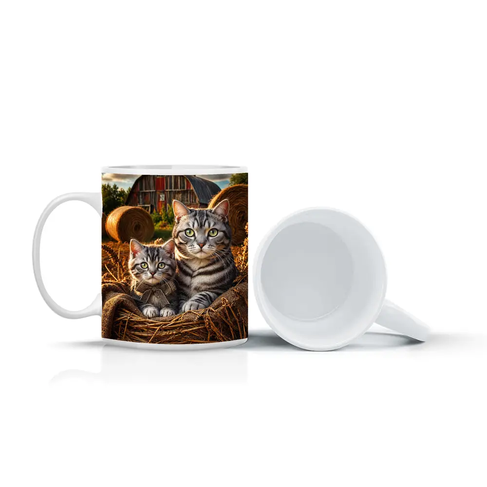 Tabby Cats Sitting In Farm Barn – Mugs