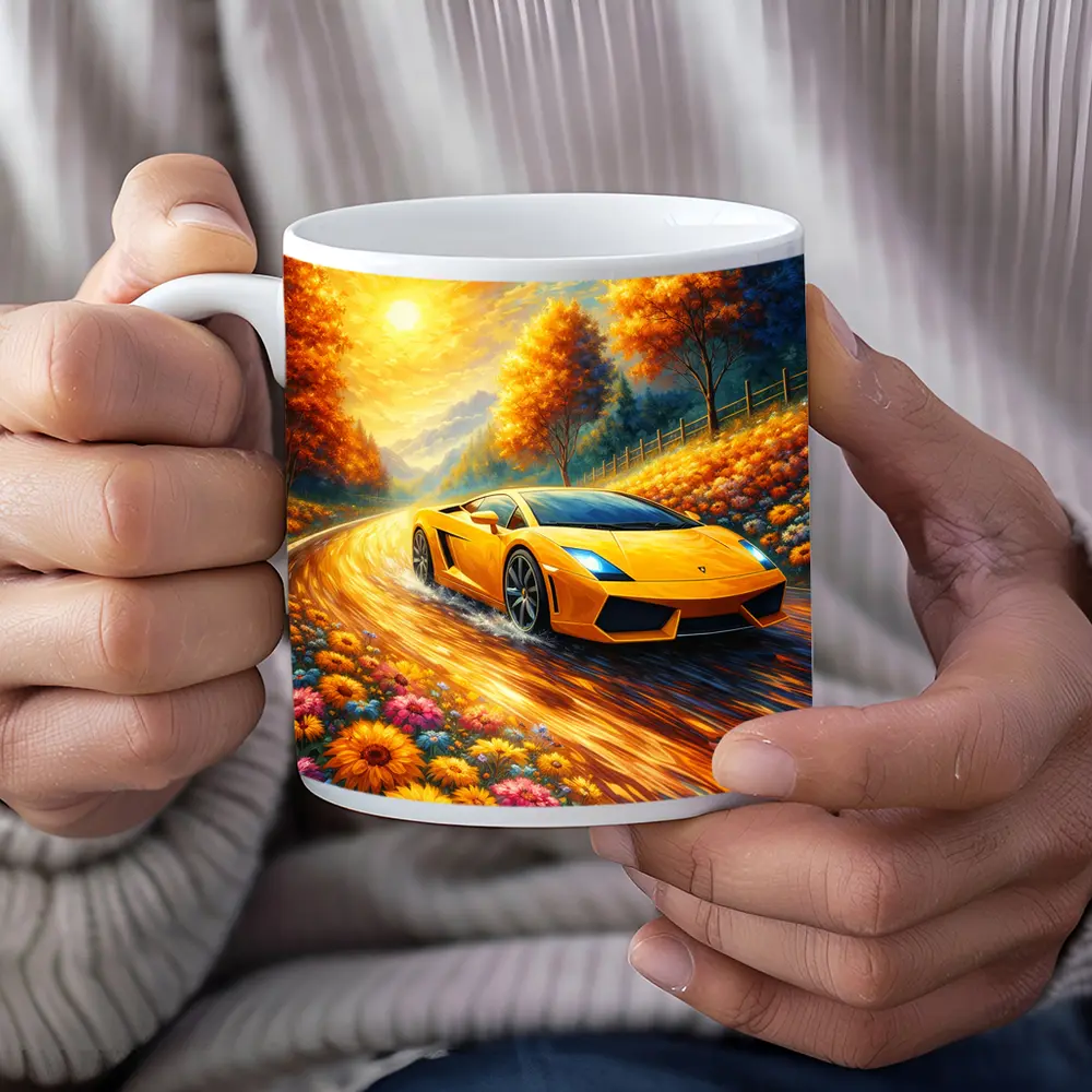 Lamborghini Gallardo Yellow Impressionist Road Art – Mugs