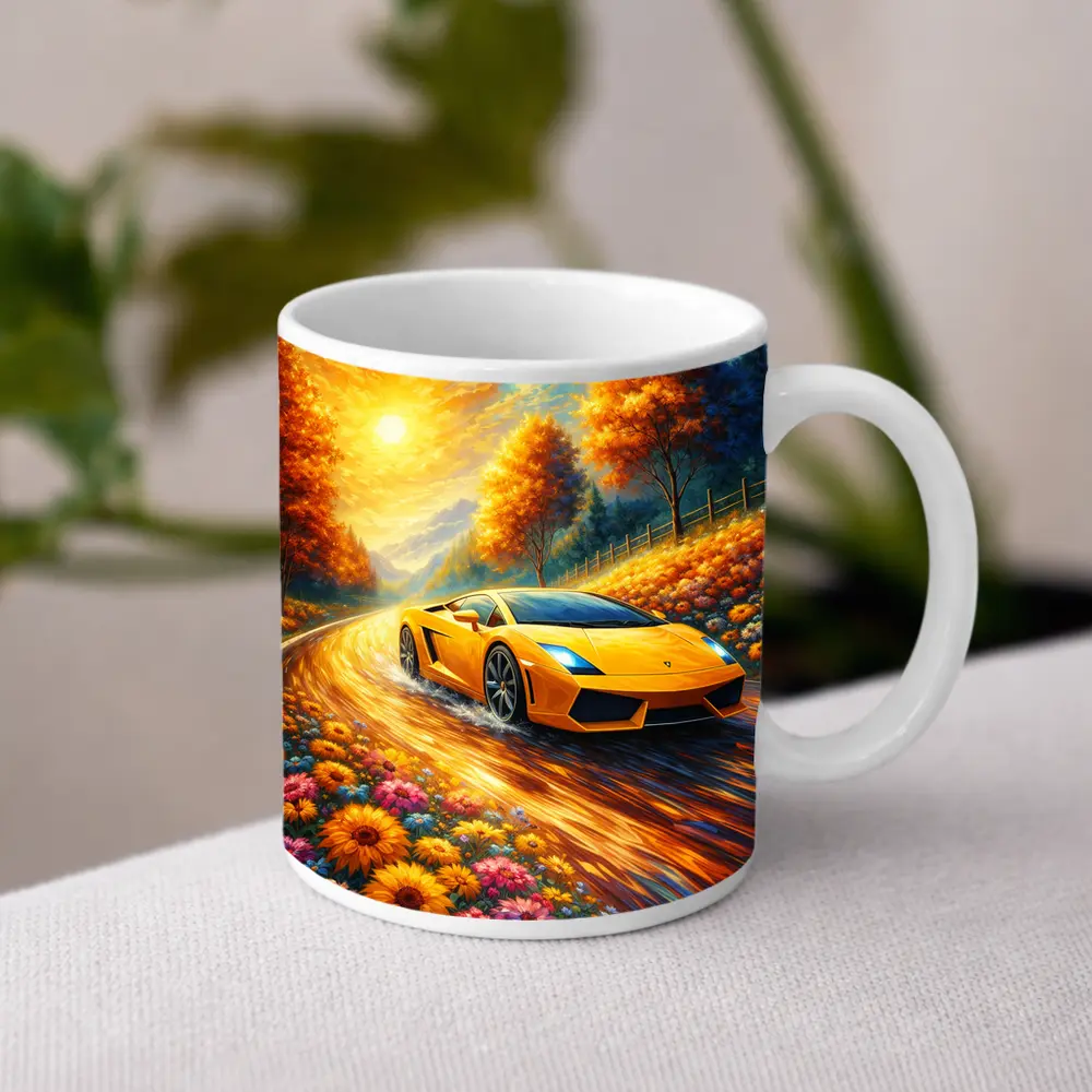 Lamborghini Gallardo Yellow Impressionist Road Art – Mugs