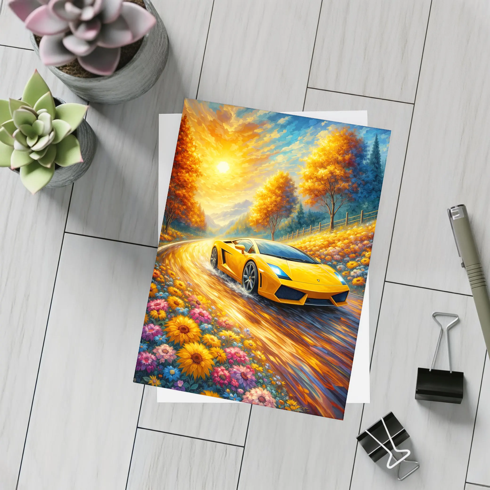 Lamborghini Gallardo Yellow Impressionist Road Art – Postcards