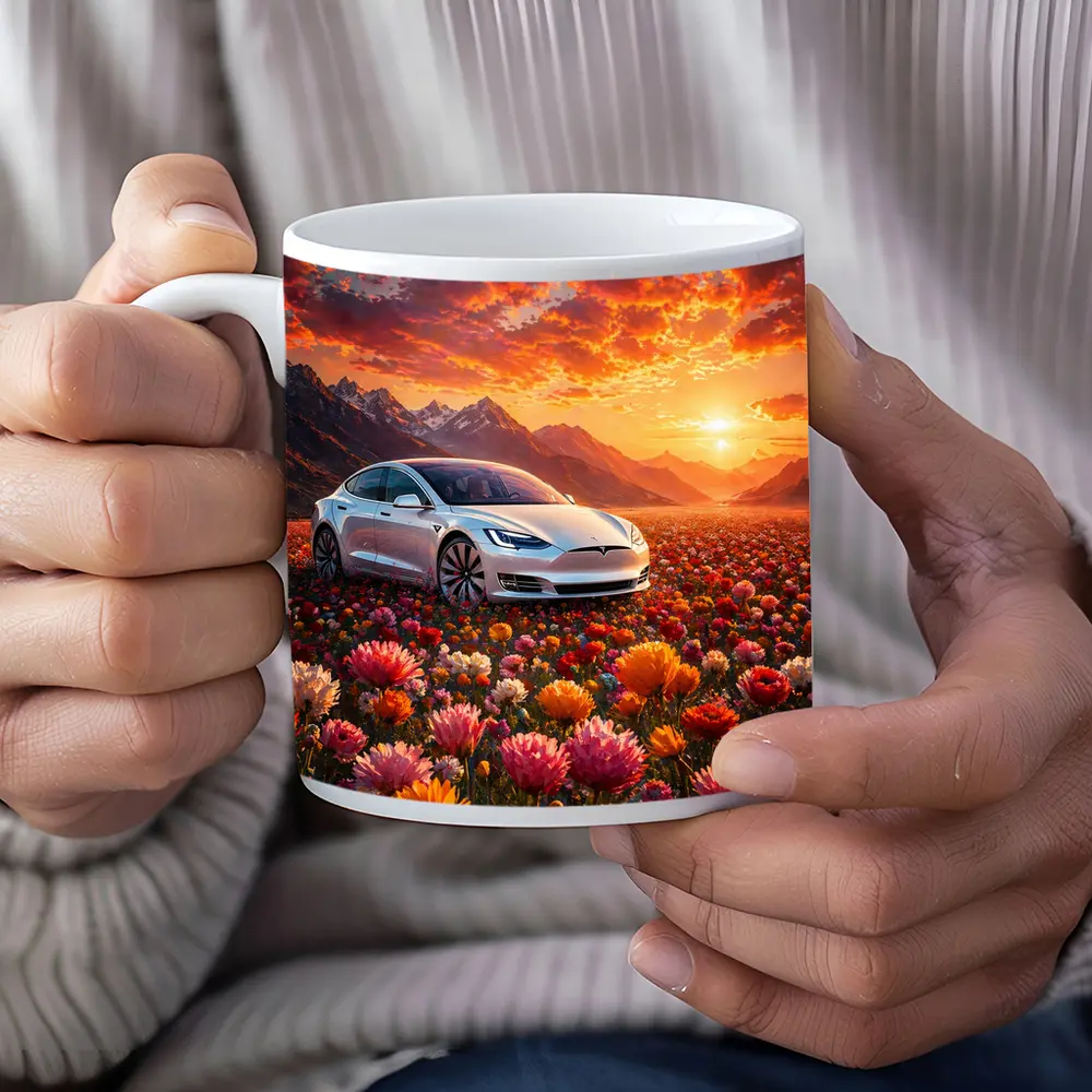 Tesla Model S White Car Flower Field Sunset – Mugs