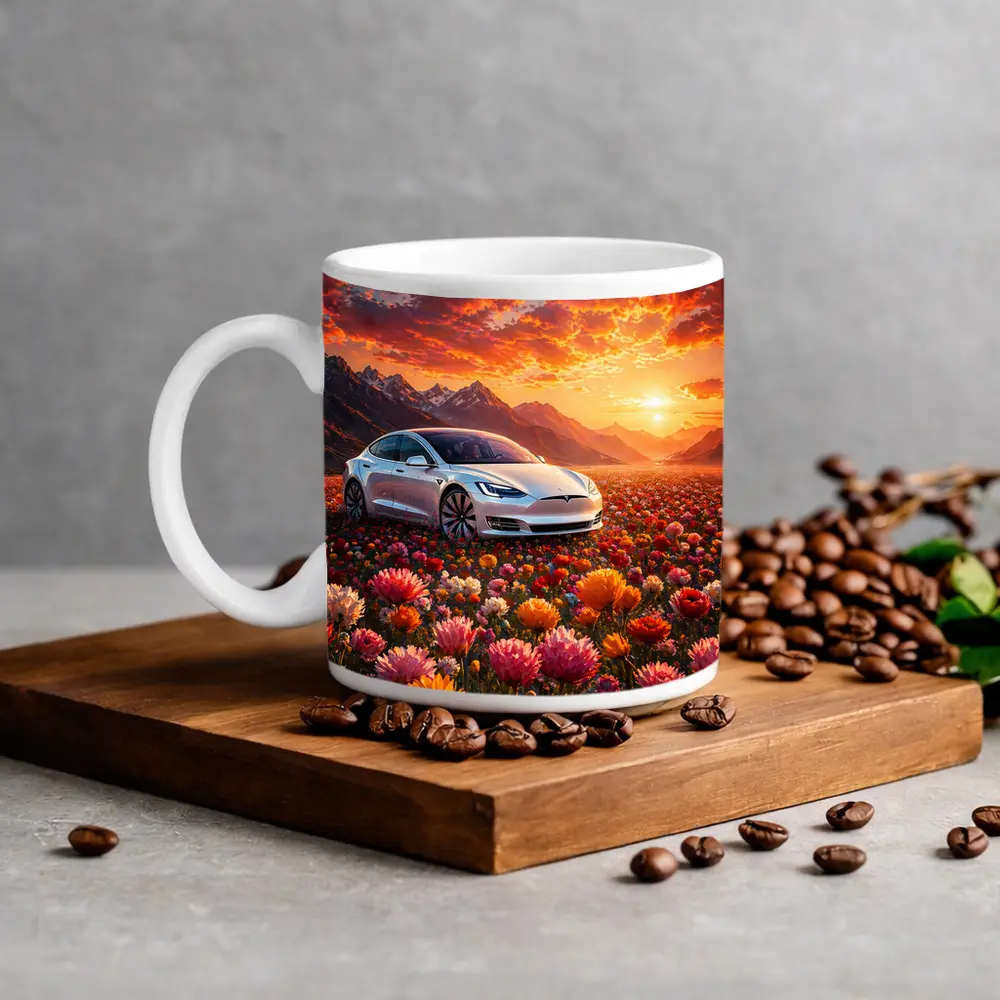 Tesla Model S White Car Flower Field Sunset – Mugs