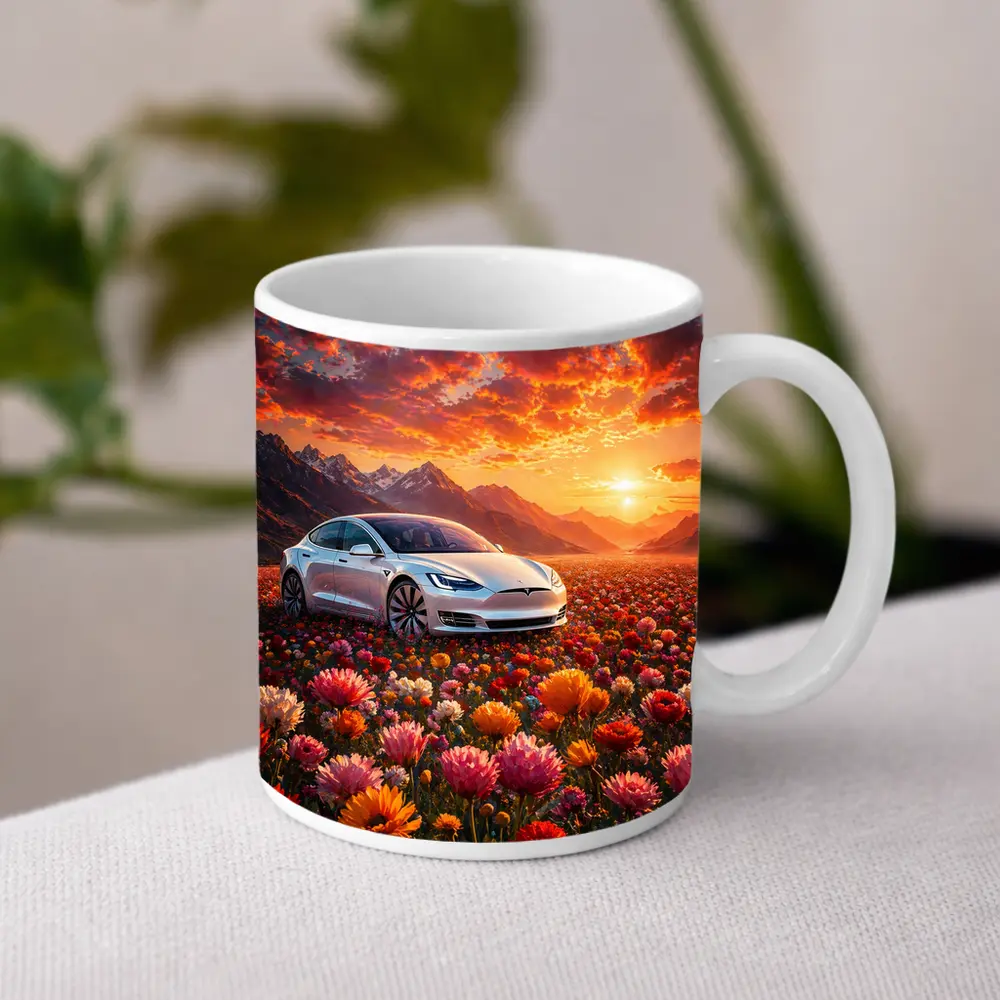Tesla Model S White Car Flower Field Sunset – Mugs