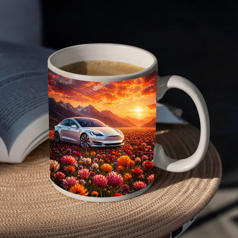 Tesla Model S White Car Flower Field Sunset – Mugs