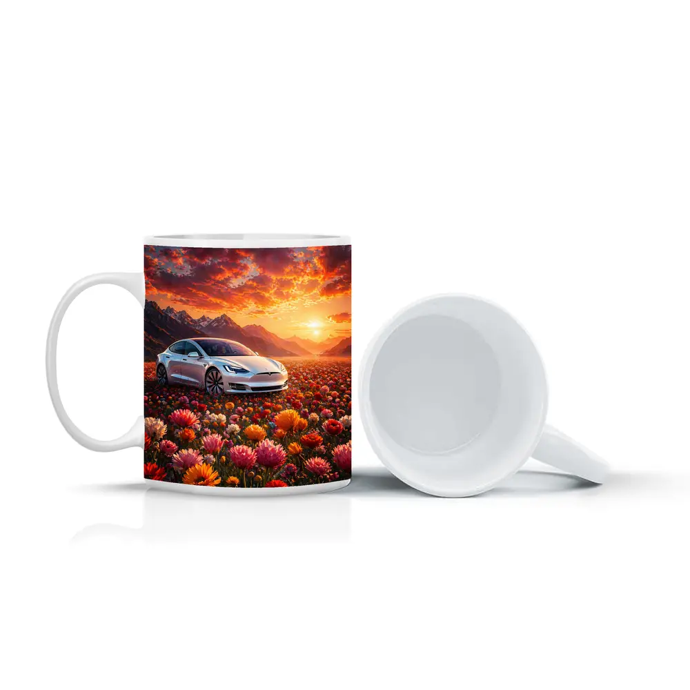 Tesla Model S White Car Flower Field Sunset – Mugs