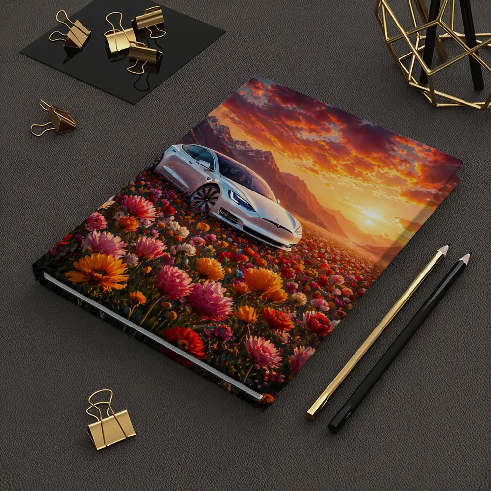 Tesla Model S White Car Flower Field Sunset – Notebooks
