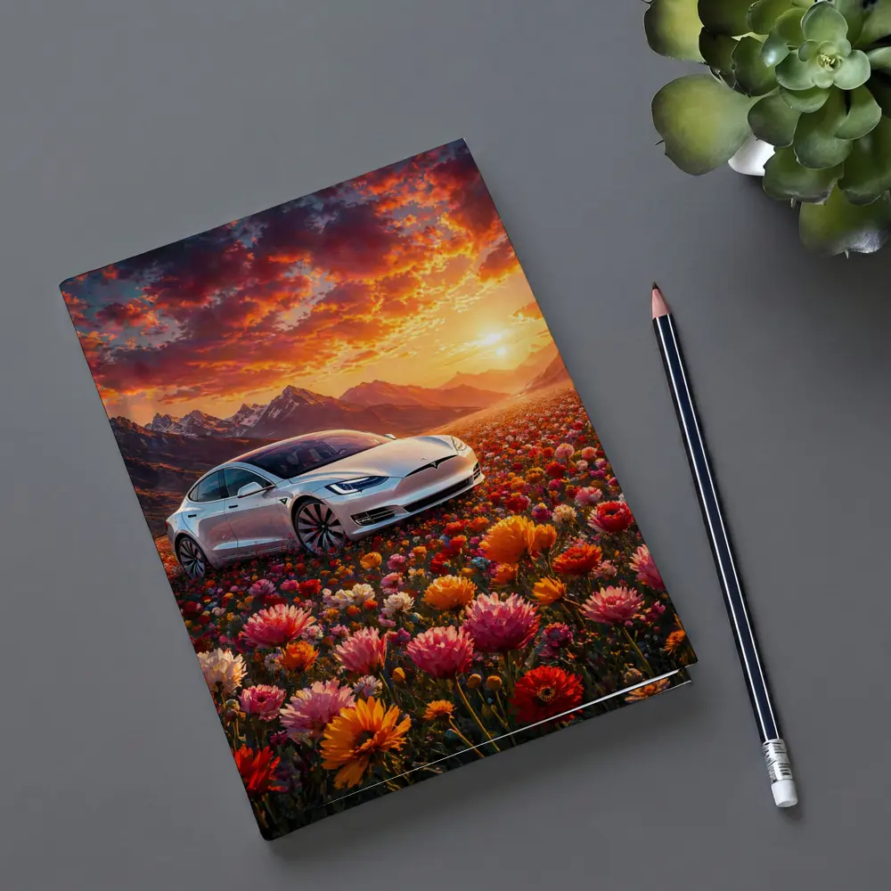 Tesla Model S White Car Flower Field Sunset – Notebooks