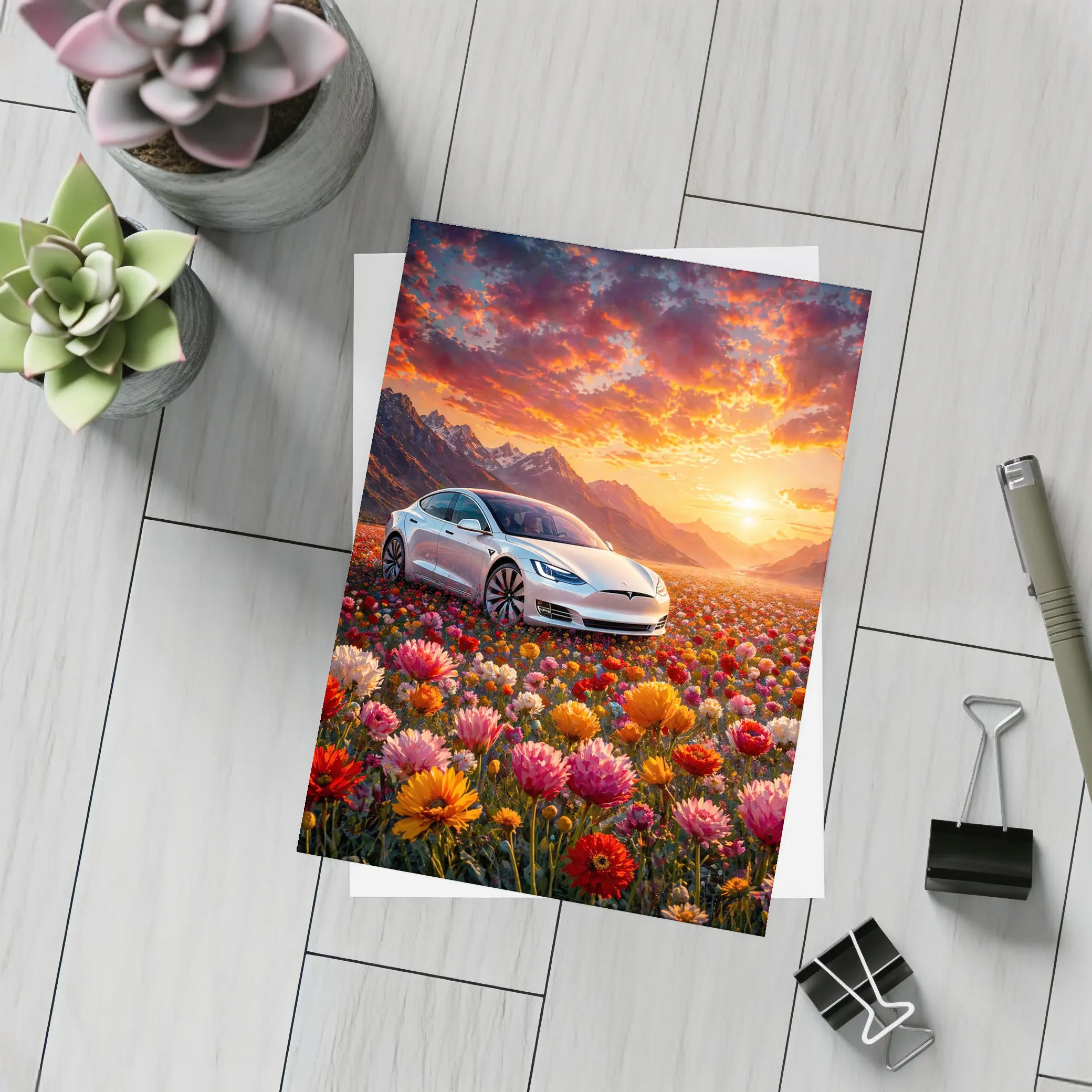 Tesla Model S White Car Flower Field Sunset – Postcards