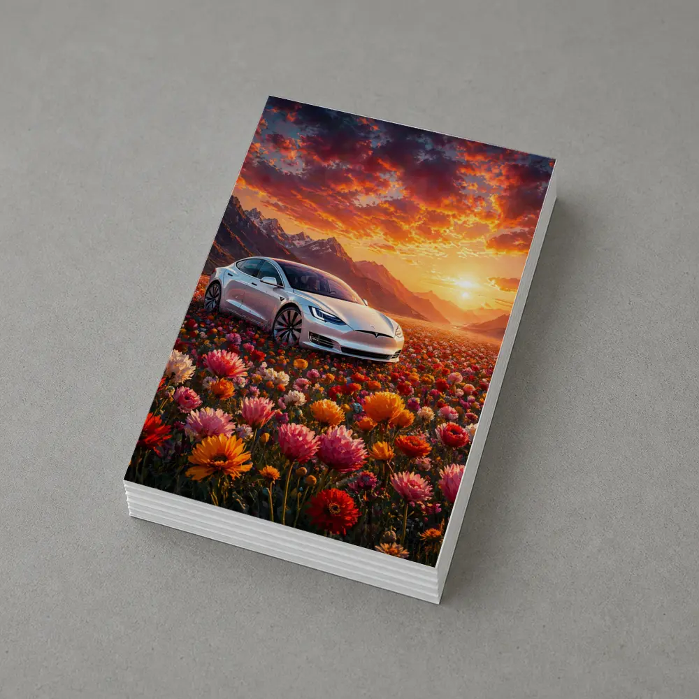 Tesla Model S White Car Flower Field Sunset – Postcards