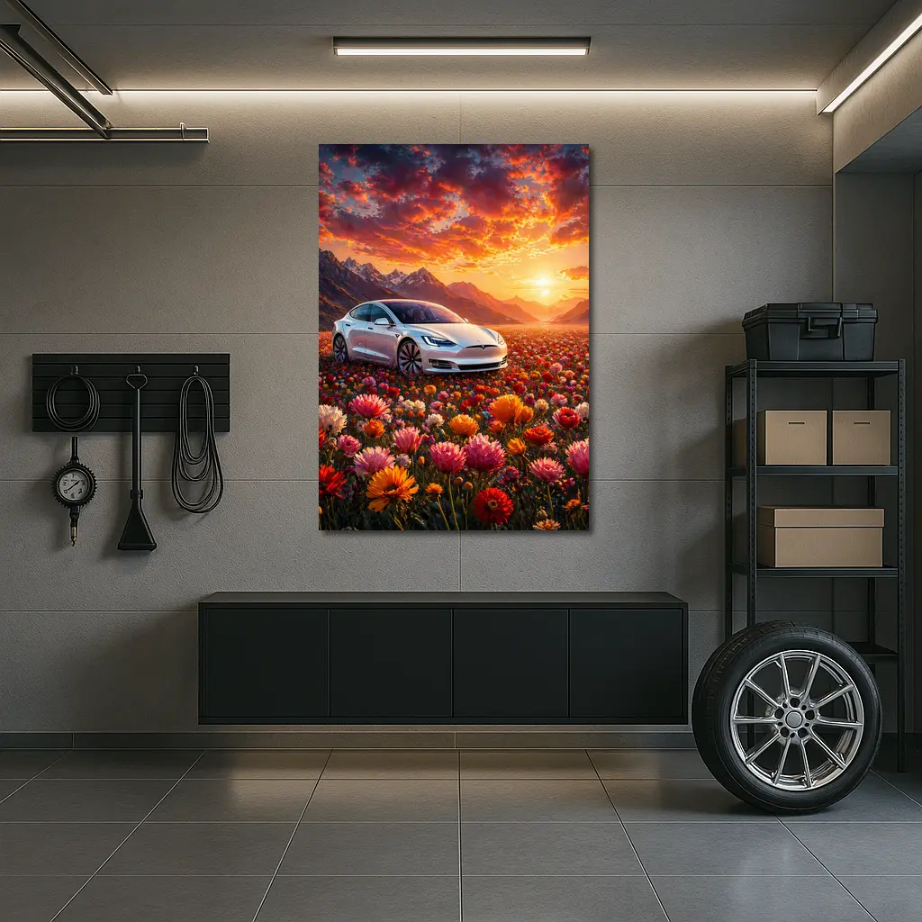 Tesla Model S White Car Flower Field Sunset – Wall Art