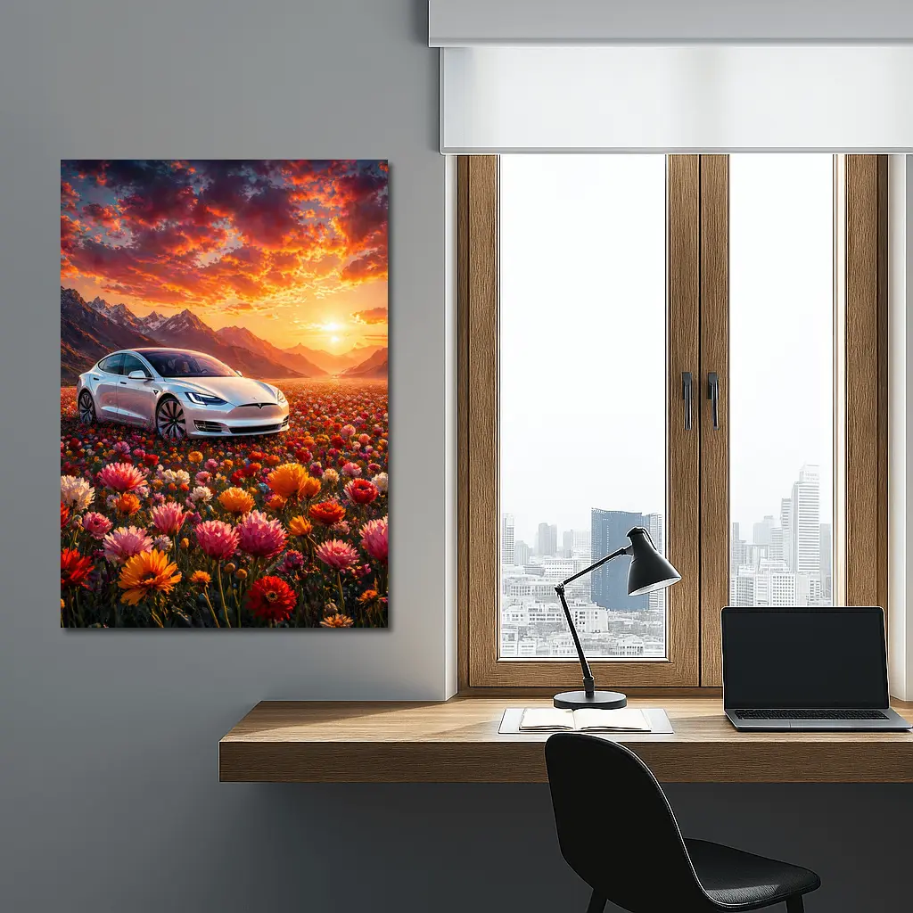 Tesla Model S White Car Flower Field Sunset – Wall Art