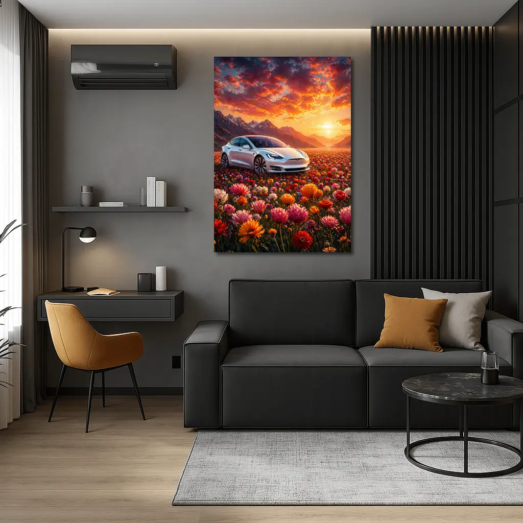 Tesla Model S White Car Flower Field Sunset – Wall Art