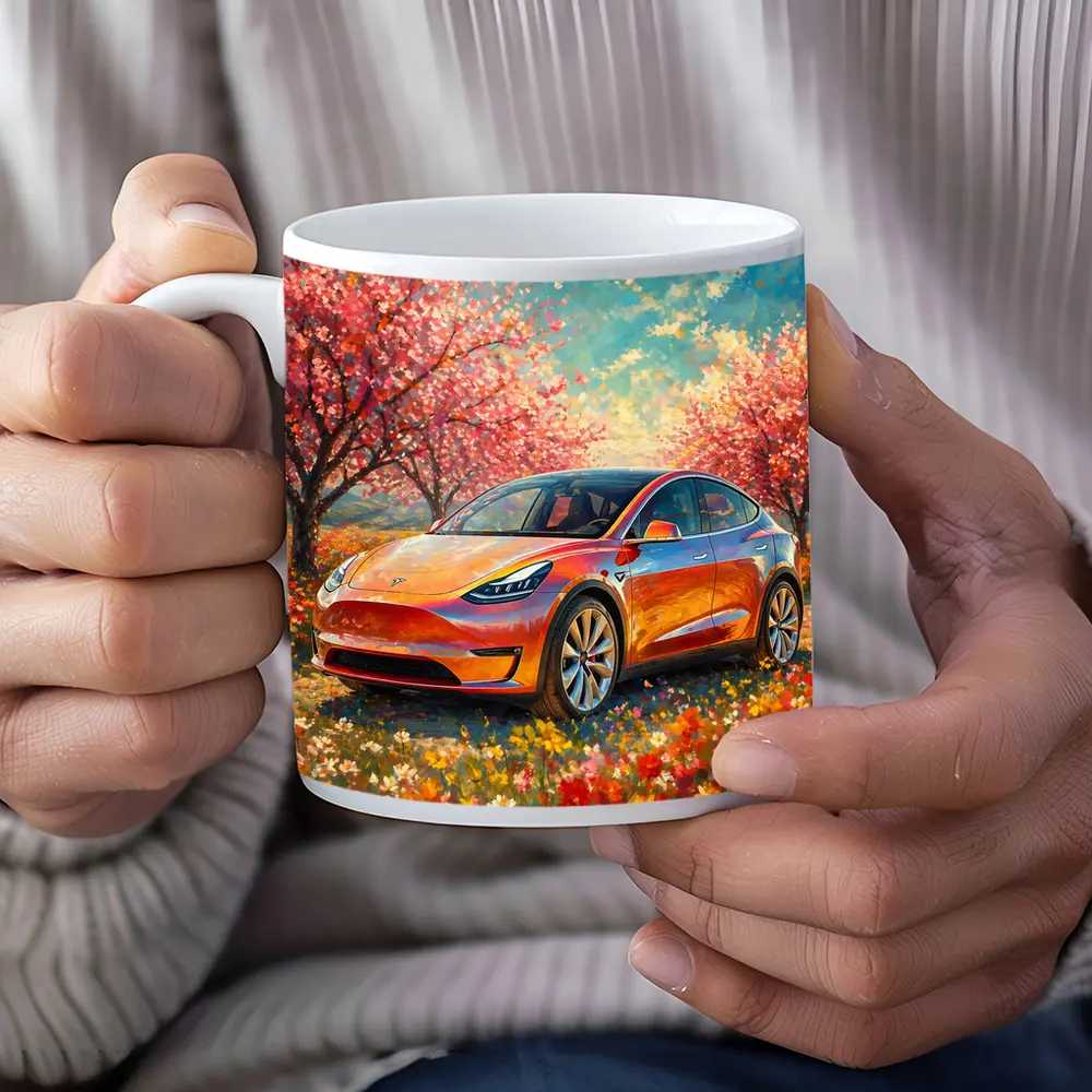 Tesla Model Y Orange Impressionist Blossom Field – Mugs
