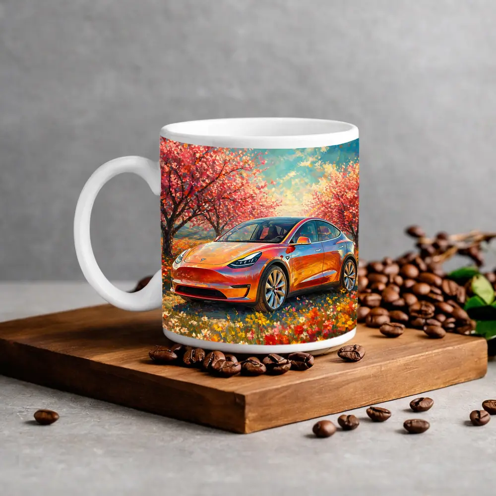 Tesla Model Y Orange Impressionist Blossom Field – Mugs