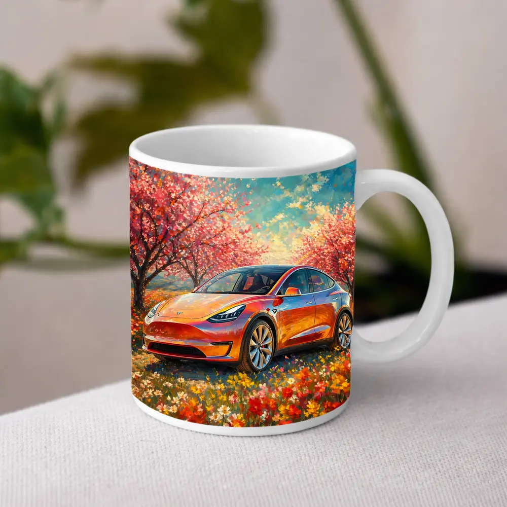 Tesla Model Y Orange Impressionist Blossom Field – Mugs