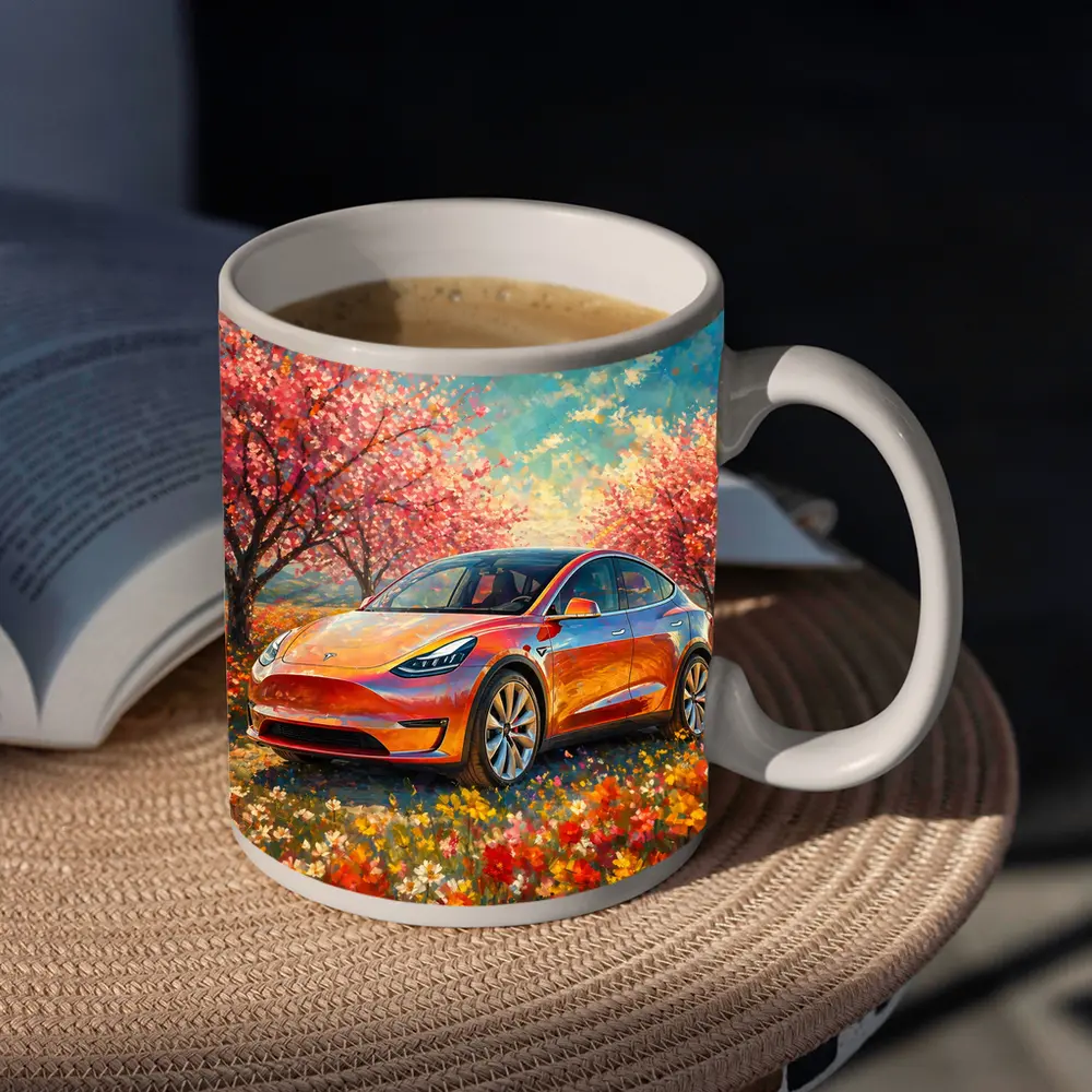 Tesla Model Y Orange Impressionist Blossom Field – Mugs