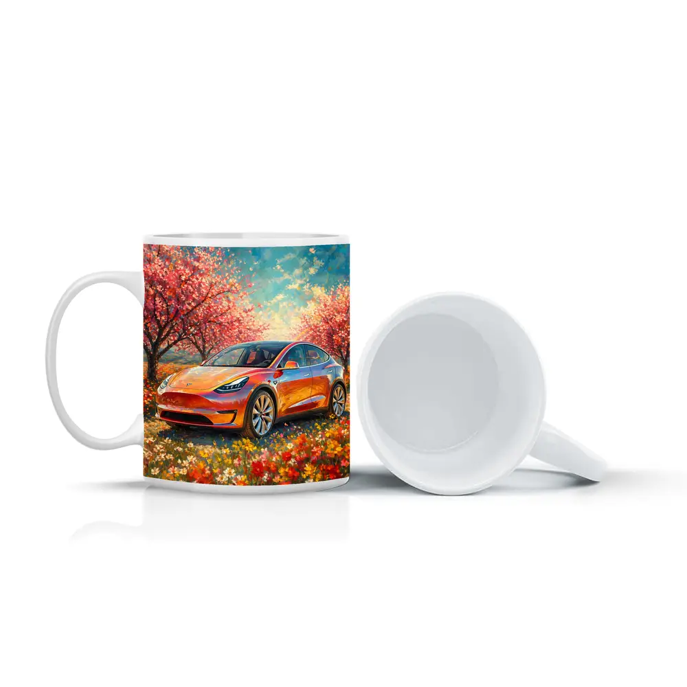 Tesla Model Y Orange Impressionist Blossom Field – Mugs