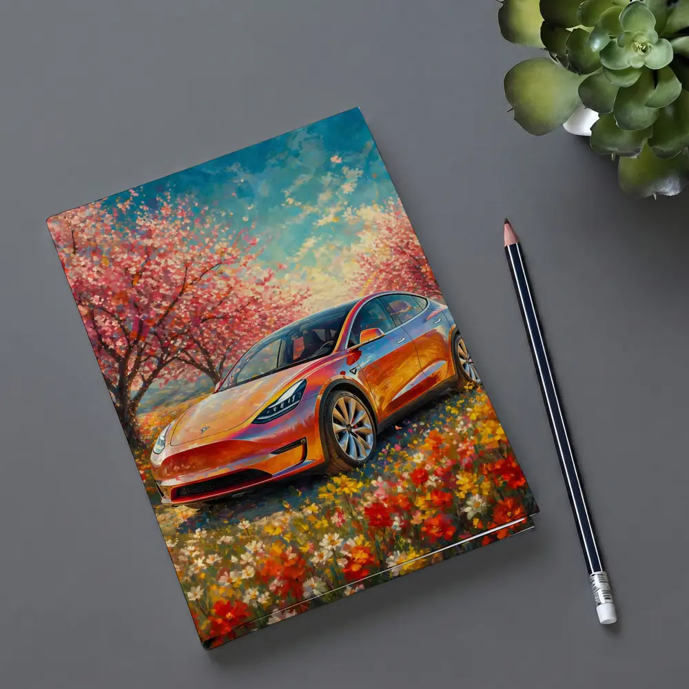Tesla Model Y Orange Impressionist Blossom Field – Notebooks