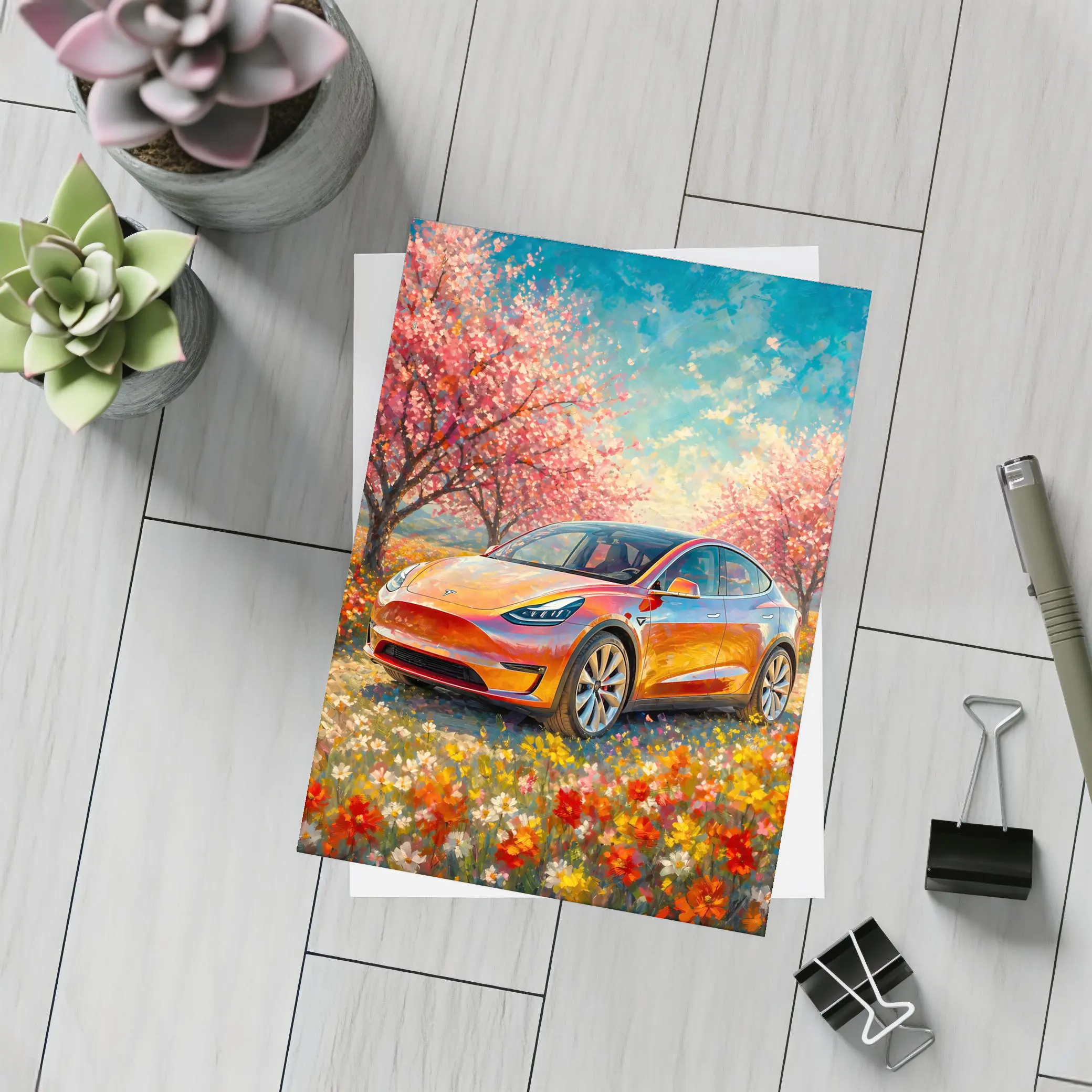 Tesla Model Y Orange Impressionist Blossom Field – Postcards