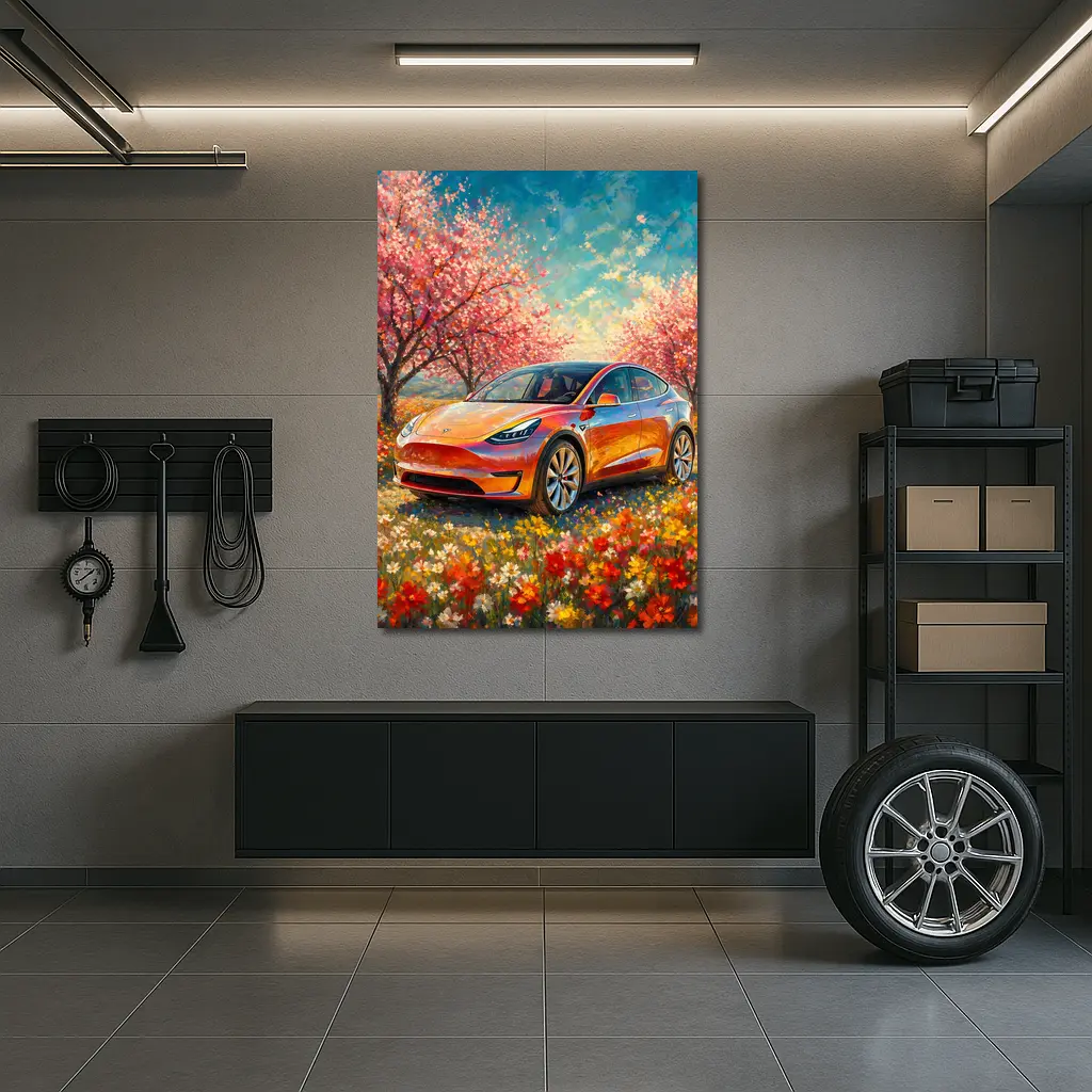 Tesla Model Y Orange Impressionist Blossom Field – Wall Art