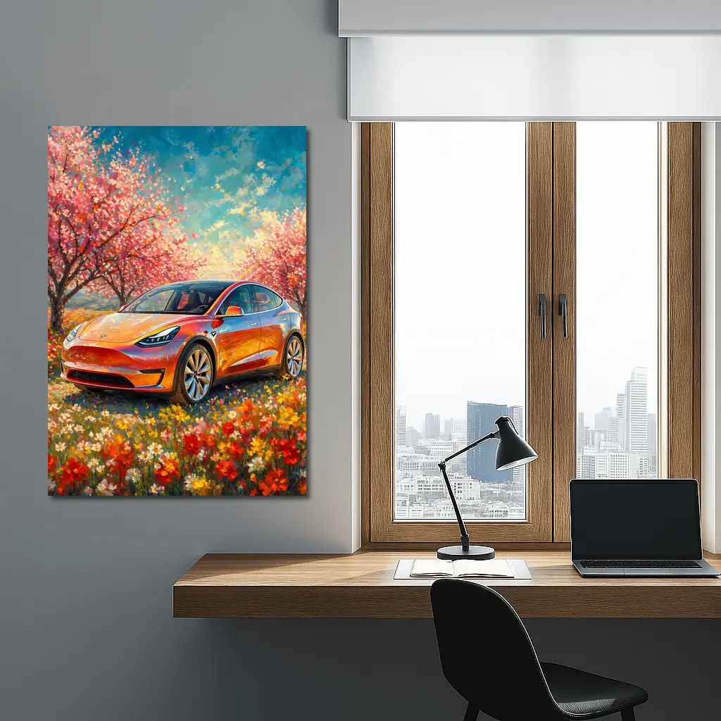 Tesla Model Y Orange Impressionist Blossom Field – Wall Art